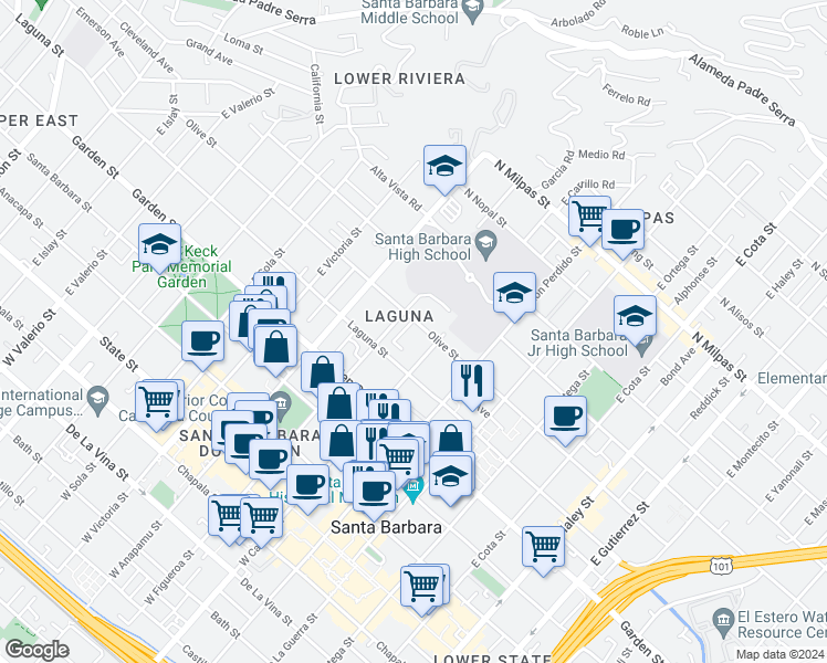 map of restaurants, bars, coffee shops, grocery stores, and more near 1017 Olive Street in Santa Barbara