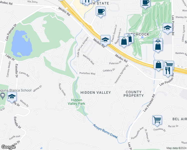 map of restaurants, bars, coffee shops, grocery stores, and more near 3701 Portofino Way in Santa Barbara