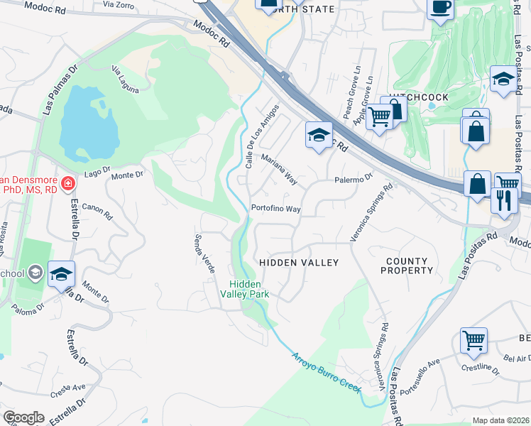 map of restaurants, bars, coffee shops, grocery stores, and more near 3752 Pescadero Drive in Santa Barbara