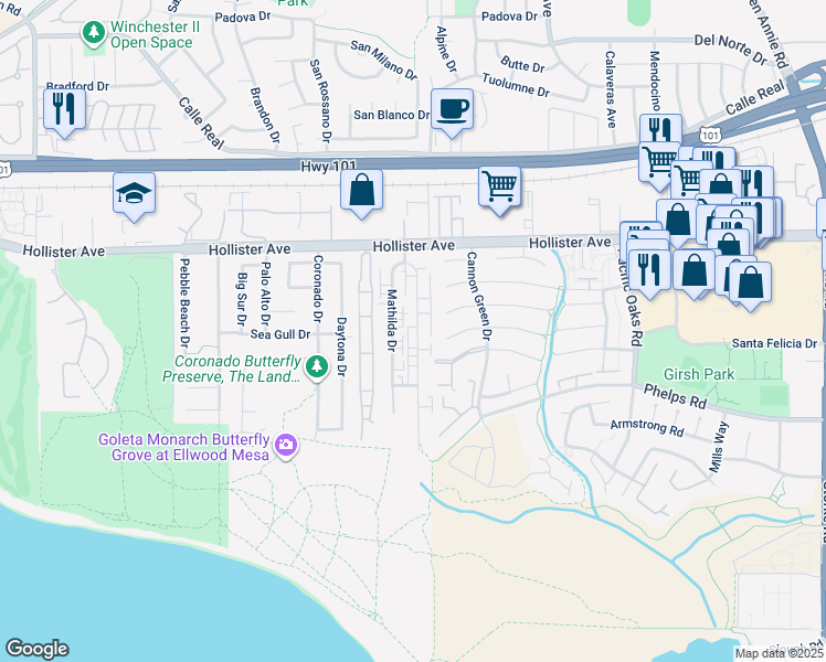 map of restaurants, bars, coffee shops, grocery stores, and more near 311 Ellwood Beach Drive in Goleta