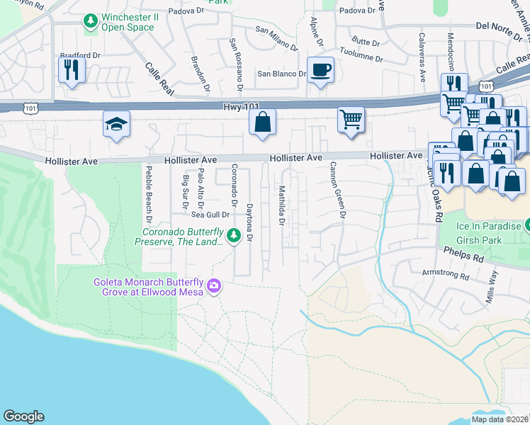 map of restaurants, bars, coffee shops, grocery stores, and more near 7465 Hollister Avenue in Goleta