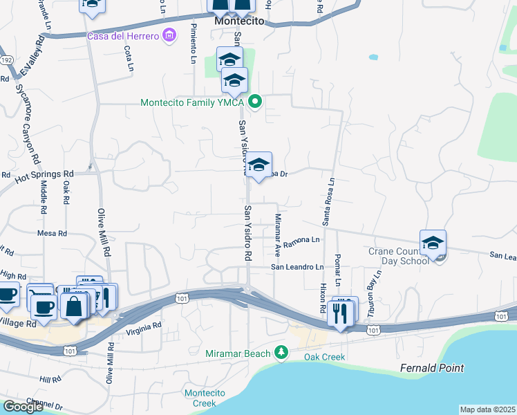 map of restaurants, bars, coffee shops, grocery stores, and more near 1510 Monte Vista Road in Montecito