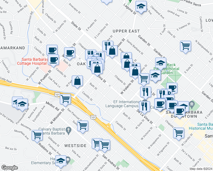 map of restaurants, bars, coffee shops, grocery stores, and more near 218 West Islay Street in Santa Barbara