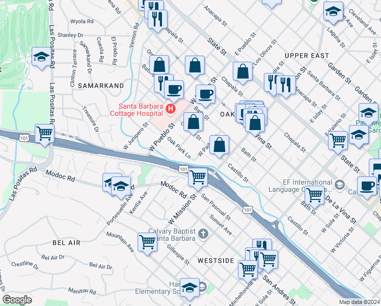 map of restaurants, bars, coffee shops, grocery stores, and more near 2109 Oak Park Lane in Santa Barbara