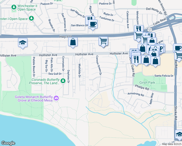 map of restaurants, bars, coffee shops, grocery stores, and more near 7391 Freeman Place in Goleta