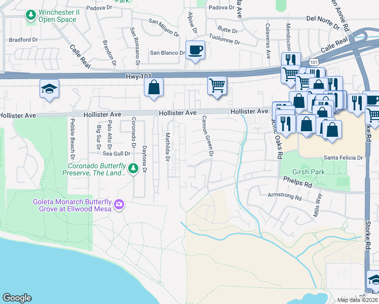 map of restaurants, bars, coffee shops, grocery stores, and more near 7391 Freeman Place in Goleta