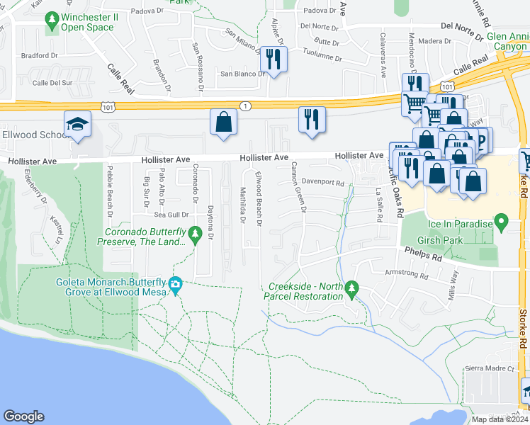 map of restaurants, bars, coffee shops, grocery stores, and more near 328 Mathilda Drive in Goleta