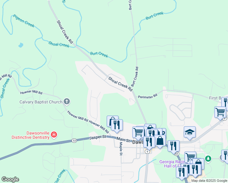 map of restaurants, bars, coffee shops, grocery stores, and more near 114 Bent Ridge Drive South in Dawsonville