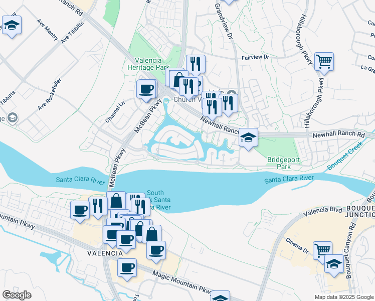 map of restaurants, bars, coffee shops, grocery stores, and more near 23907 Lakeside Road in Santa Clarita