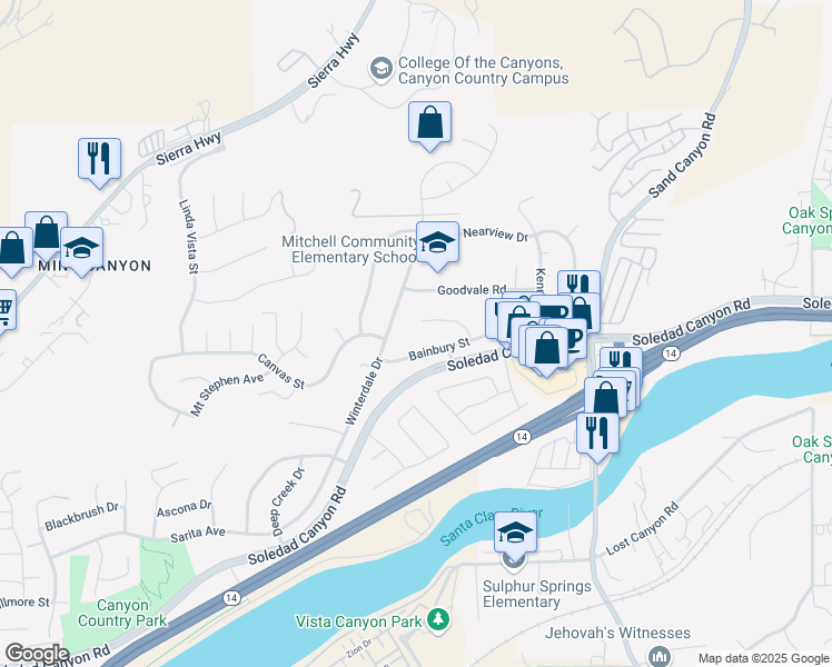 map of restaurants, bars, coffee shops, grocery stores, and more near 16836 La Veda Avenue in Santa Clarita