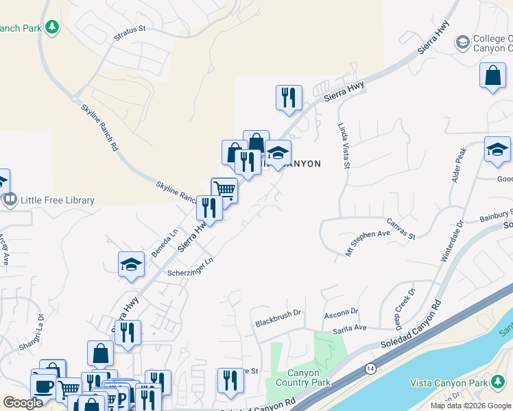 map of restaurants, bars, coffee shops, grocery stores, and more near 17717 Scherzinger Lane in Santa Clarita