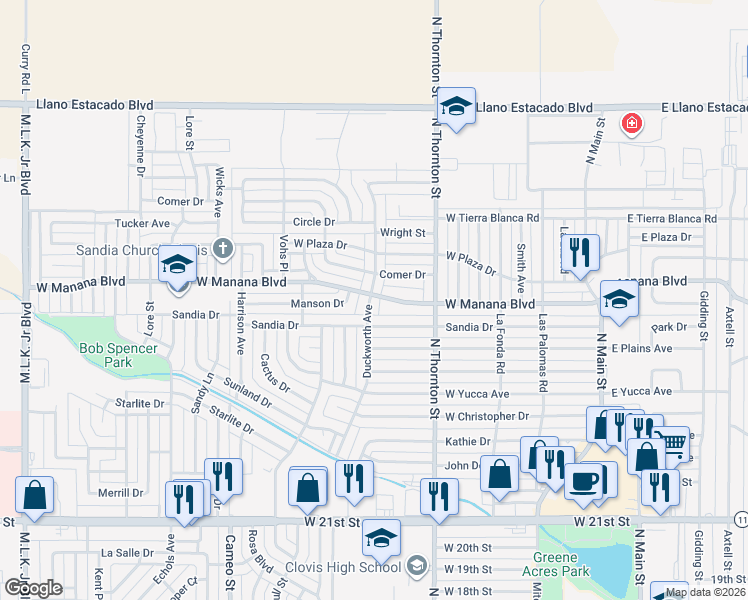 map of restaurants, bars, coffee shops, grocery stores, and more near 912 Sandia Drive in Clovis