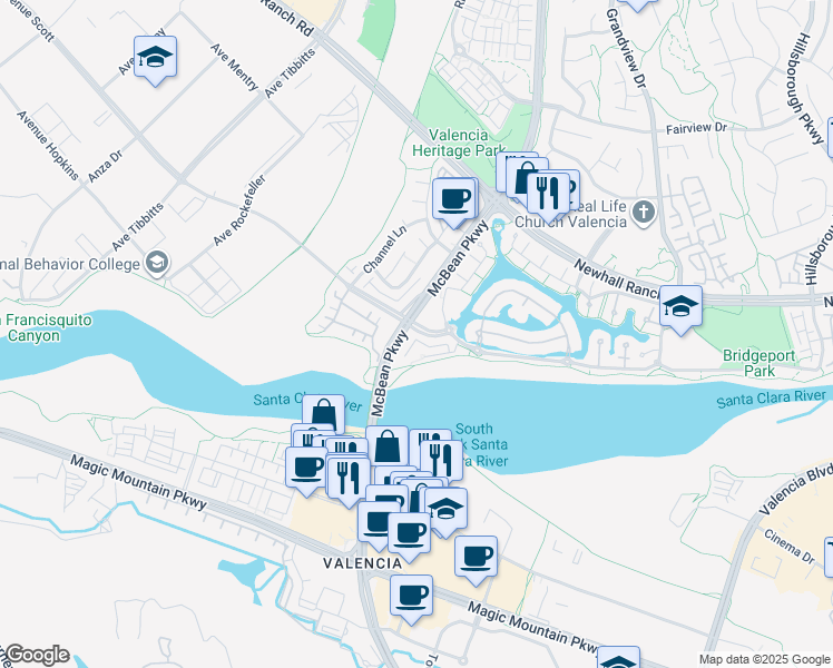 map of restaurants, bars, coffee shops, grocery stores, and more near 24014 Bridgeport Lane in Santa Clarita