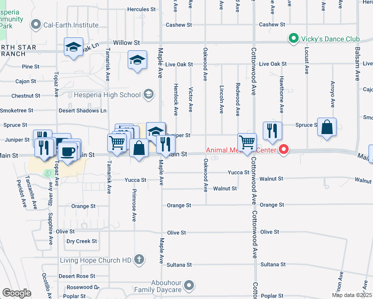 map of restaurants, bars, coffee shops, grocery stores, and more near 14602 Main Street in Hesperia