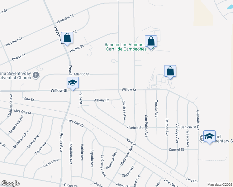 map of restaurants, bars, coffee shops, grocery stores, and more near 9686 Carrissa Avenue in Hesperia