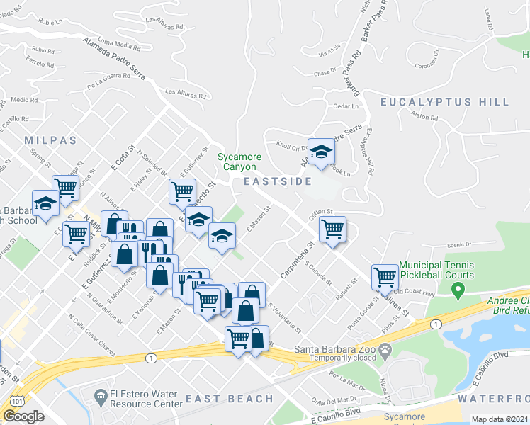 map of restaurants, bars, coffee shops, grocery stores, and more near East Mason Street & Citrus Avenue in Santa Barbara