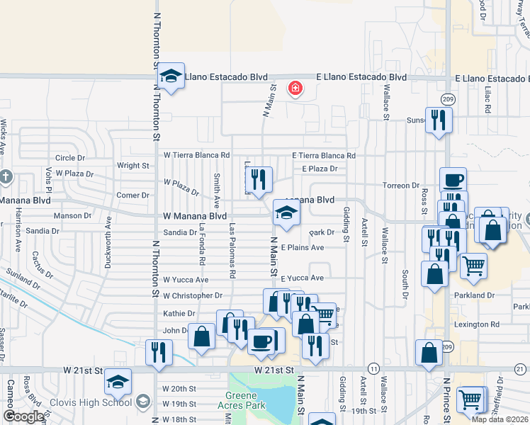 map of restaurants, bars, coffee shops, grocery stores, and more near 2900 North Main Street in Clovis