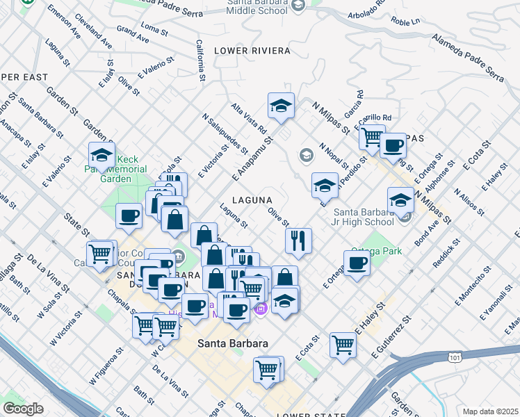 map of restaurants, bars, coffee shops, grocery stores, and more near 1021 Olive Street in Santa Barbara