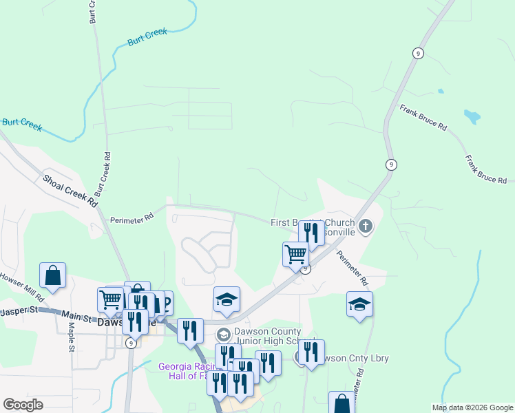 map of restaurants, bars, coffee shops, grocery stores, and more near 555 Perimeter Road in Dawsonville