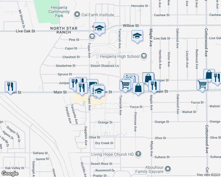 map of restaurants, bars, coffee shops, grocery stores, and more near 14236 Main Street in Hesperia