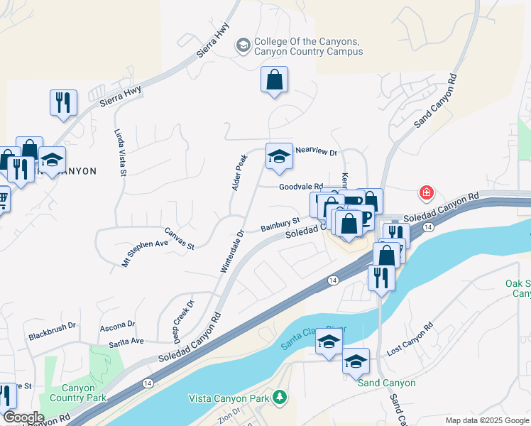map of restaurants, bars, coffee shops, grocery stores, and more near 16836 La Veda Avenue in Santa Clarita