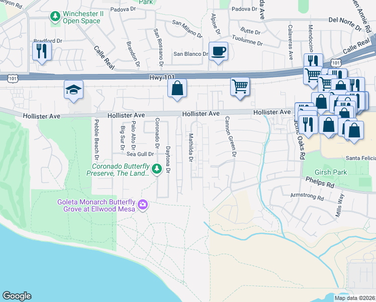 map of restaurants, bars, coffee shops, grocery stores, and more near 297 Mathilda Drive in Goleta