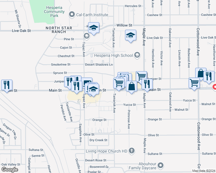 map of restaurants, bars, coffee shops, grocery stores, and more near Main Street in Hesperia