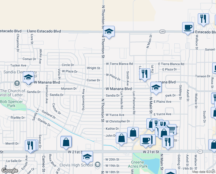 map of restaurants, bars, coffee shops, grocery stores, and more near 416 West Manana Boulevard in Clovis