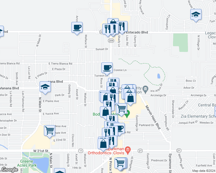 map of restaurants, bars, coffee shops, grocery stores, and more near 2720 North Prince Street in Clovis