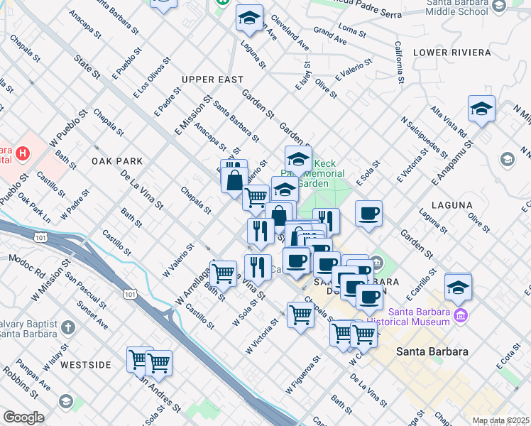 map of restaurants, bars, coffee shops, grocery stores, and more near 1515 State Street in Santa Barbara