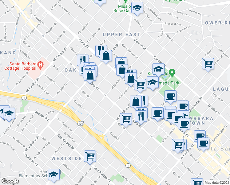 map of restaurants, bars, coffee shops, grocery stores, and more near 1718 De La Vina Street in Santa Barbara