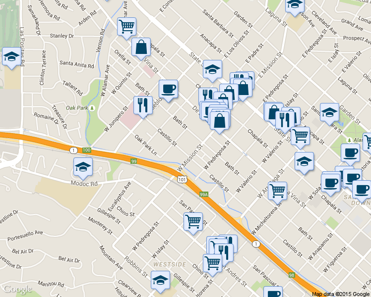map of restaurants, bars, coffee shops, grocery stores, and more near 412 West Mission Street in Santa Barbara