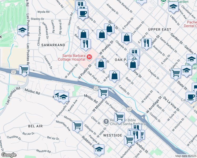 map of restaurants, bars, coffee shops, grocery stores, and more near 2120 Oak Park Lane in Santa Barbara
