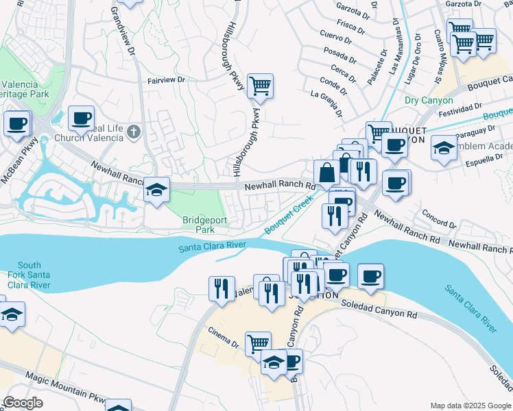 map of restaurants, bars, coffee shops, grocery stores, and more near 23339 Clearwater Lane in Santa Clarita