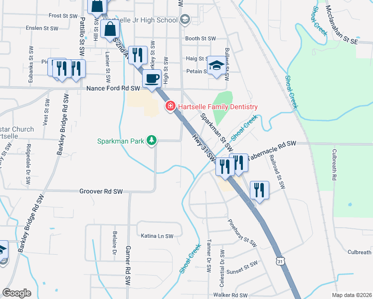 map of restaurants, bars, coffee shops, grocery stores, and more near 1710 Hayes Street Southwest in Hartselle