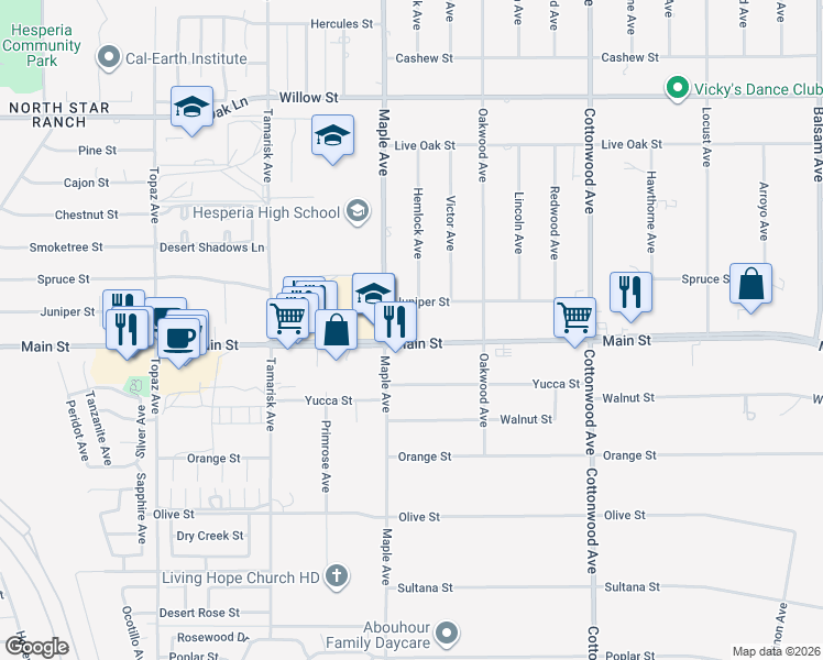 map of restaurants, bars, coffee shops, grocery stores, and more near 14550 Main Street in Hesperia