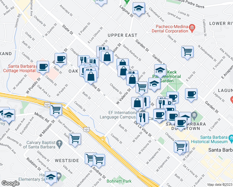 map of restaurants, bars, coffee shops, grocery stores, and more near 1721 Chapala Street in Santa Barbara