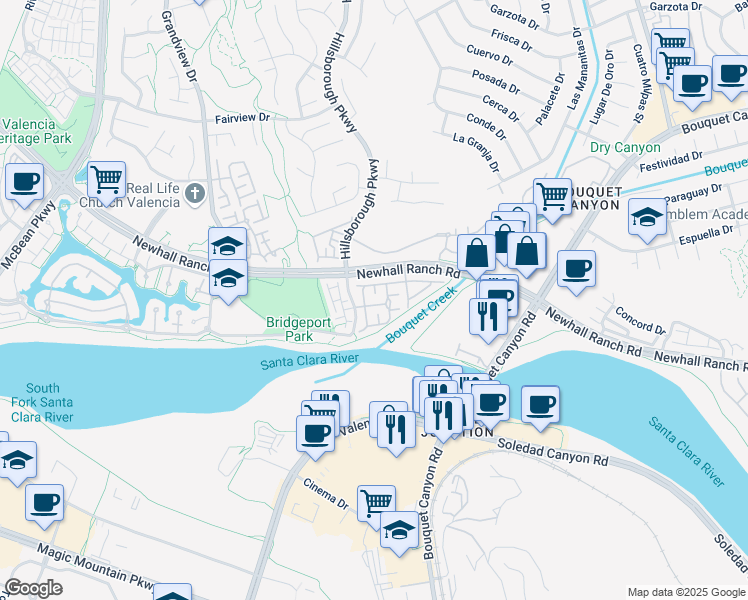 map of restaurants, bars, coffee shops, grocery stores, and more near 23339 Clearwater Lane in Santa Clarita
