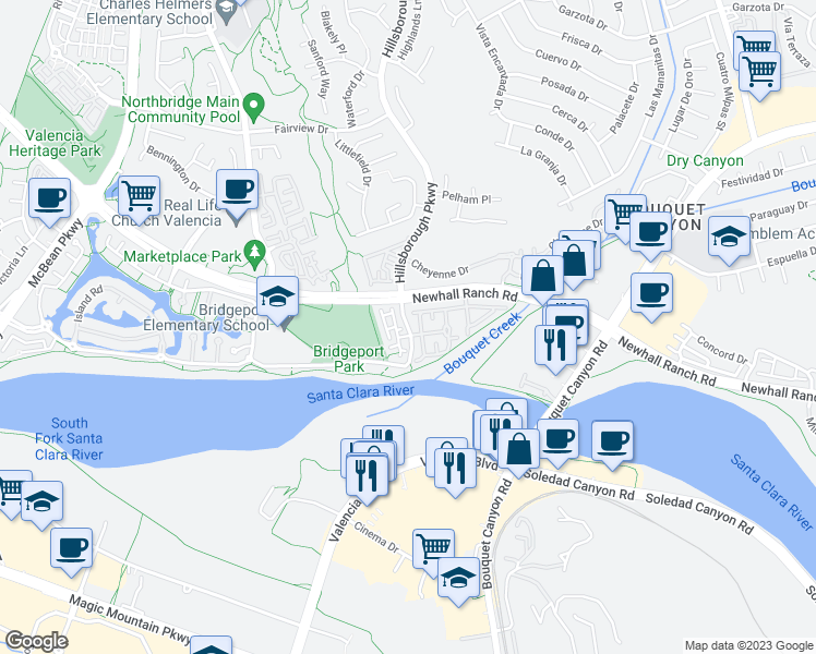 map of restaurants, bars, coffee shops, grocery stores, and more near Parkwood Lane in Santa Clarita