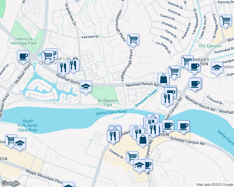 map of restaurants, bars, coffee shops, grocery stores, and more near 26833 Shorebreak Lane in Santa Clarita