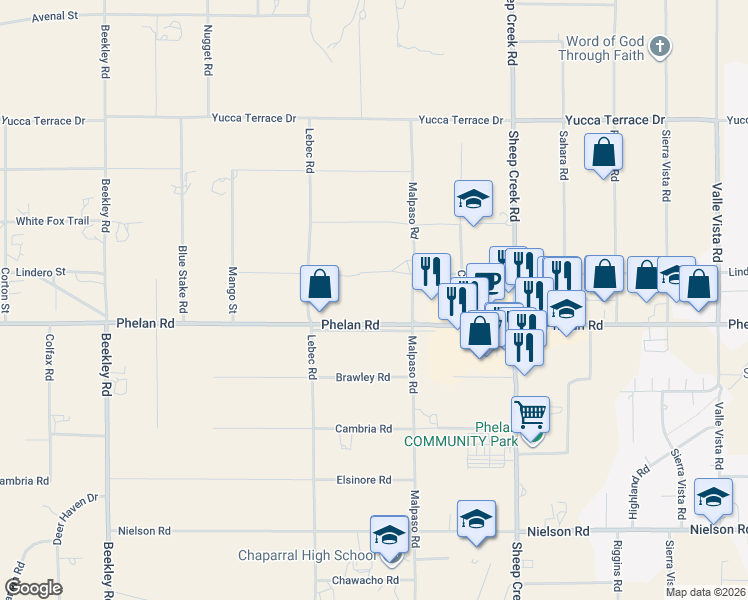 map of restaurants, bars, coffee shops, grocery stores, and more near 3838 Phelan Road in Phelan