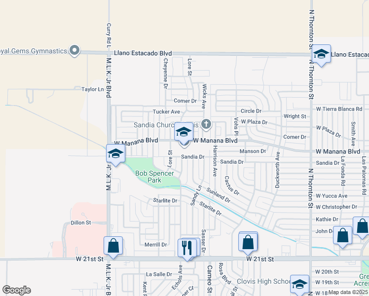 map of restaurants, bars, coffee shops, grocery stores, and more near 2801 Lore Street in Clovis