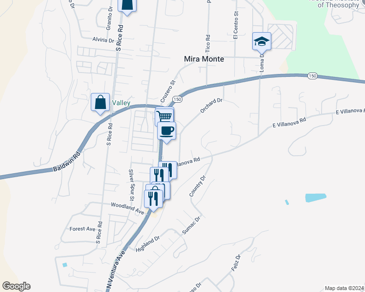 map of restaurants, bars, coffee shops, grocery stores, and more near 1708 Orchard Drive in Ojai