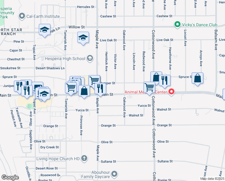 map of restaurants, bars, coffee shops, grocery stores, and more near 14602 Main Street in Hesperia
