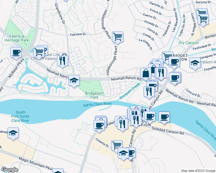 map of restaurants, bars, coffee shops, grocery stores, and more near 23402 Brookdale Lane in Santa Clarita