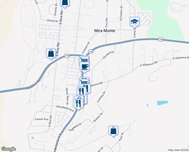 map of restaurants, bars, coffee shops, grocery stores, and more near 1708 Orchard Drive in Ojai