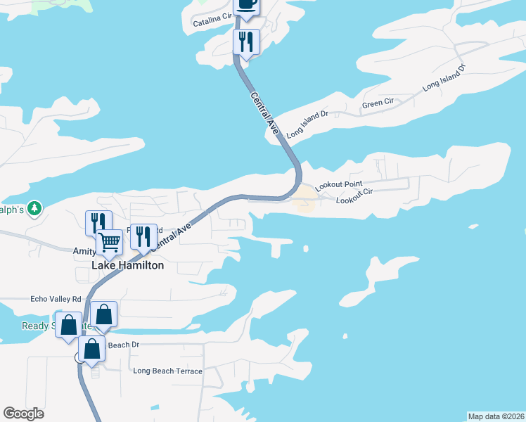 map of restaurants, bars, coffee shops, grocery stores, and more near 143A Central Terrace in Lake Hamilton