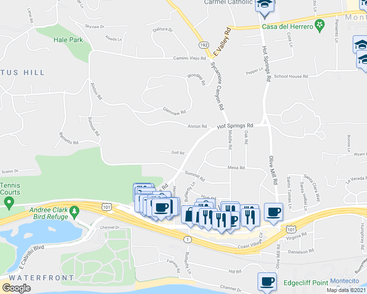 map of restaurants, bars, coffee shops, grocery stores, and more near 1098 Golf Road in Santa Barbara