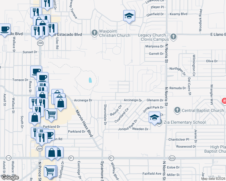 map of restaurants, bars, coffee shops, grocery stores, and more near 1535 Bosc Court in Clovis