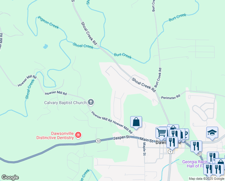 map of restaurants, bars, coffee shops, grocery stores, and more near 267 River Mill Lane in Dawsonville